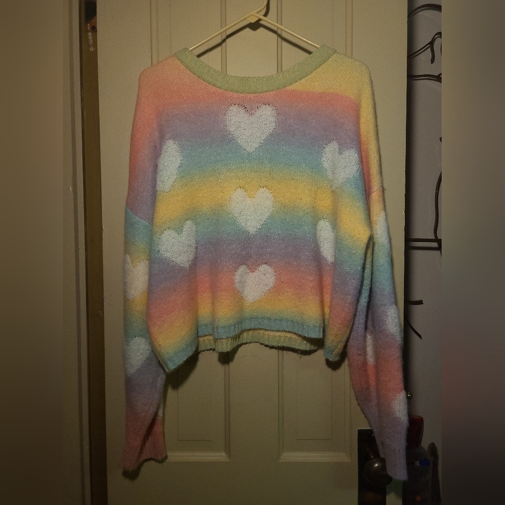 Womens Sweet Society Cropped Rainbow Heart Women's Sweater